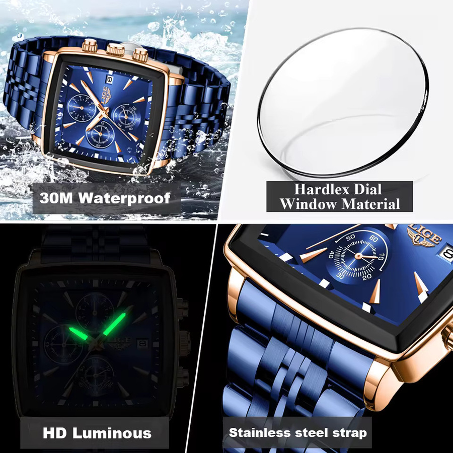 LIGE Chronograph Armbanduhr, Quarz, Edelstahl, Blau, Herren, Eckig - Bild 5
