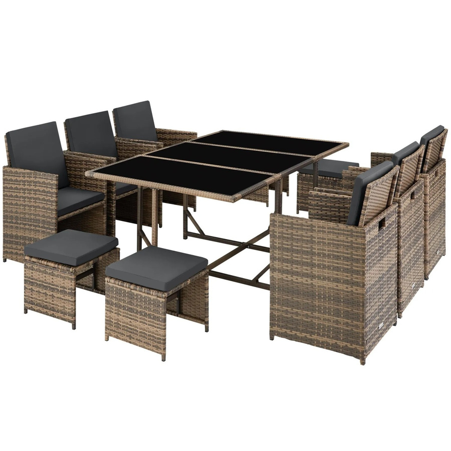 TECTAKE Polyrattan Sitzgruppe Malaga für 6 bis 10 Personen in Beige und Braun mit Glastisch und Schutzhülle - Bild 2