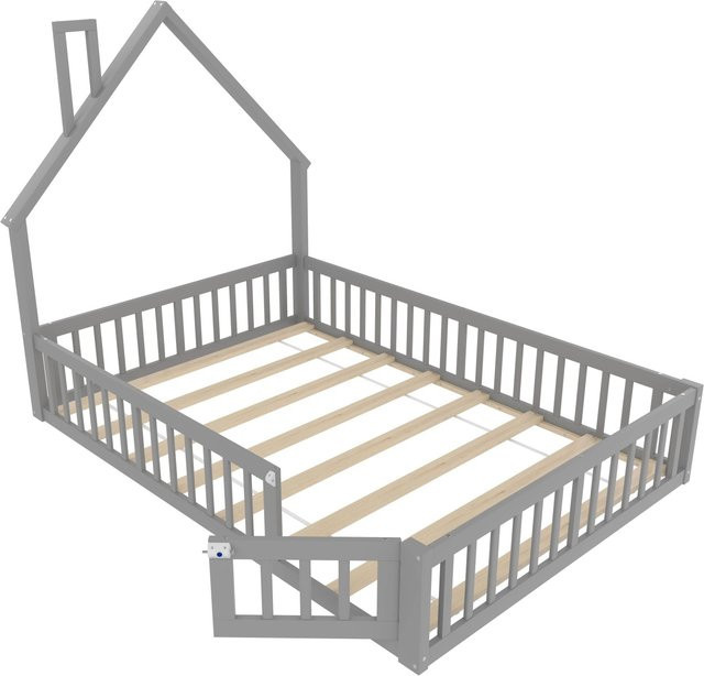 okwish Kinderbett in Hausform mit Schornstein aus Kiefernholz und MDF, Grau, B/T/H: 190 x 140 x 151 cm - Bild 1