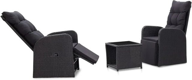 vidaXL 3-teiliges Bistro-Set aus Poly-Rattan und pulverbeschichtetem Stahl in Schwarz mit Auflagen und Glastisch - Bild 1