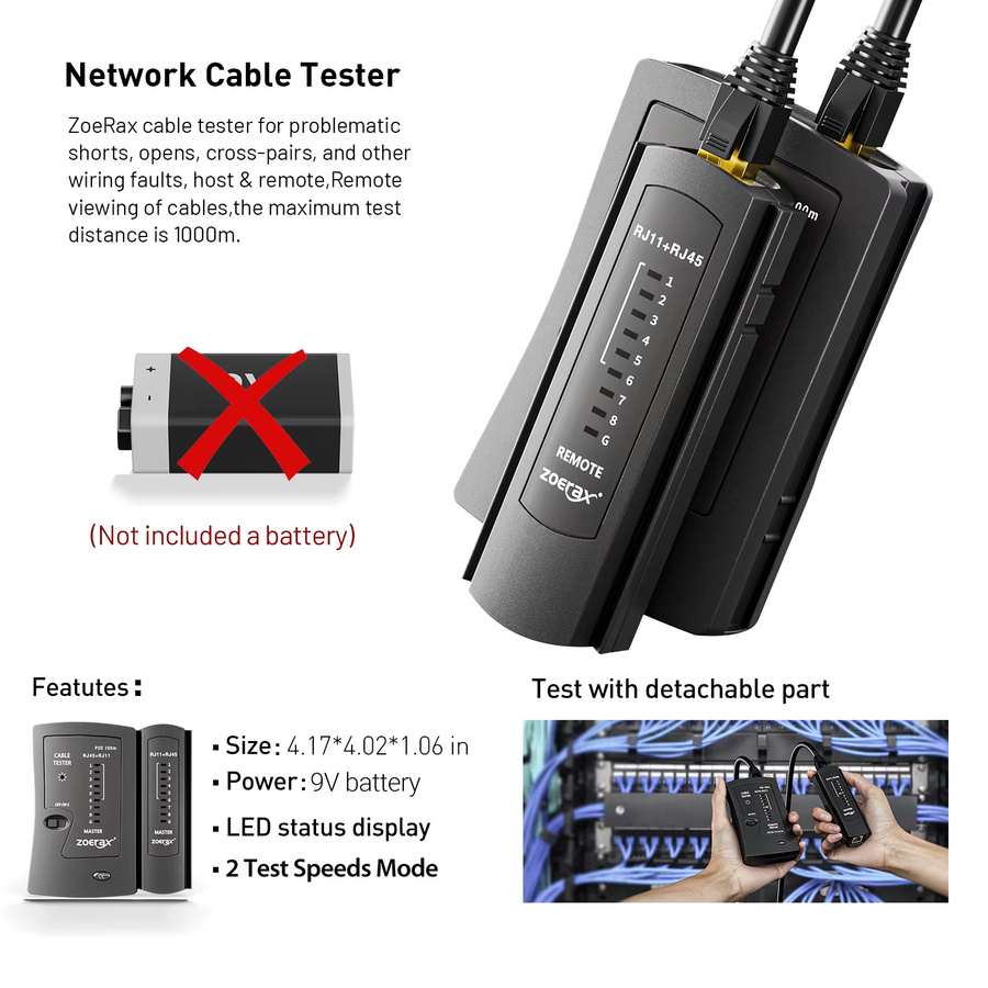 ZoeRax RJ45 Crimp-Werkzeug-Set in Gelb mit Kabeltester, Drahtschneider, Abisolierer und 50 Steckverbindern für CAT6 CAT5E CAT5 Kabel - Bild 3