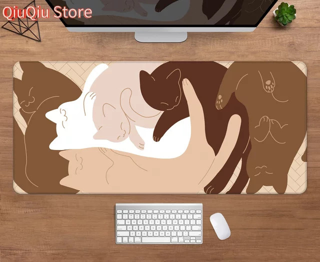 Potdemiel Schreibtischunterlage mit schlafenden Katzen in Beige und Braun, Ästhetisches XXL Mauspad für Gaming und Tastatur - Bild 1