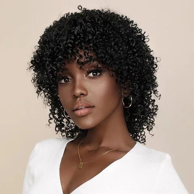 OYM HAIR Bob-Perücke, kurze lockige Remy-Echthaar-Perücke mit Pony, Damen - Bild 1
