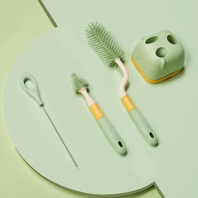 4-teiliges Silikon-Babyflaschenpinsel-Set in Grün mit Aufbewahrungsbasis und Brustwarzenreiniger, spülmaschinenfest - Bild 1