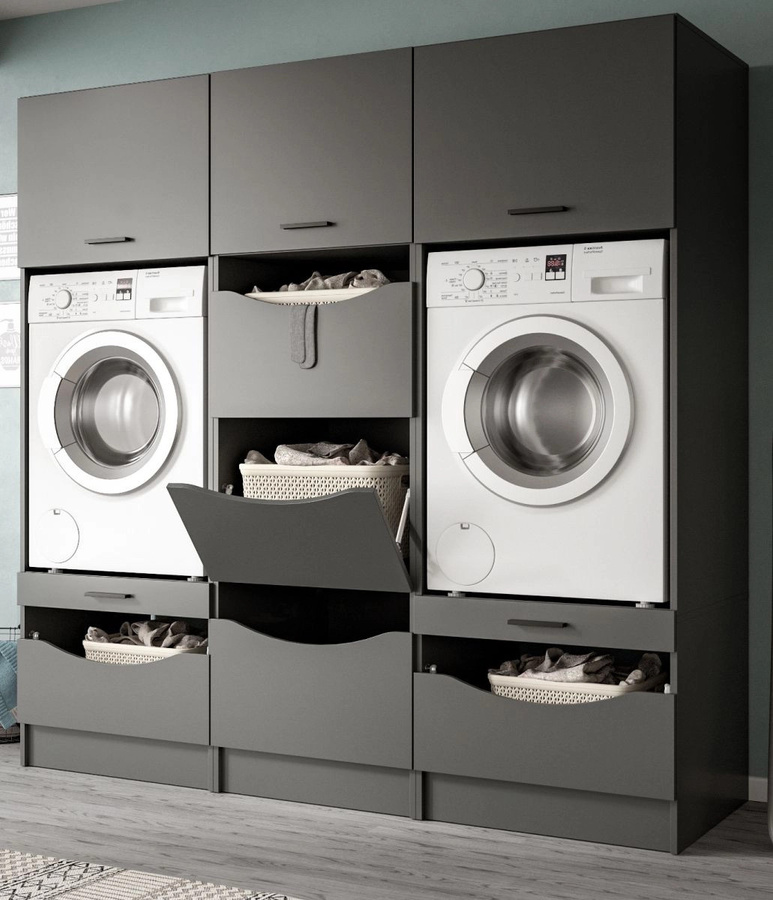 Waschmaschinenumbau Set Flexy in Grau mit Soft-Close-Türen und Regalen, B/H: 192 x 196 cm - Bild 1