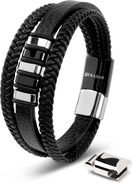 SERASAR Armband Echtleder, Schwarz, Magnetischer Edelstahlverschluss, Herren - Bild 1