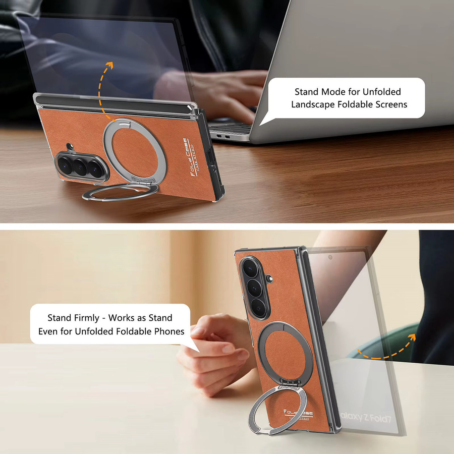 Retro Leder Handyhülle für Samsung Galaxy Z Fold 7 6 5 mit 360 Grad drehbarem Ringhalter und magnetischer kabelloser Ladefunktion in Schwarz - Bild 3