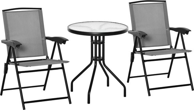 Outsunny 3-teiliges Gartenmöbelset in Grau mit 2 klappbaren Mehrpositions-Stühlen und rundem Tisch aus Stahl und Textilene mit gehärtetem Glas - Bild 1