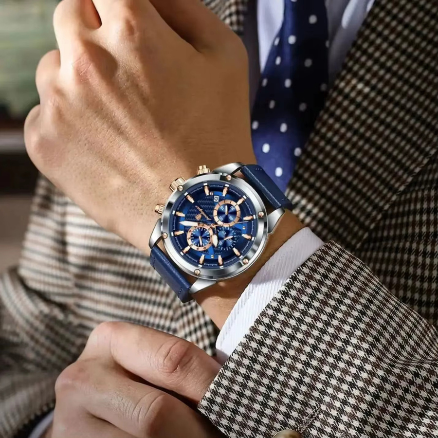 POEDAGAR Armbanduhr Chronograph, Quarz, Leder, Herren, Blau - Bild 5