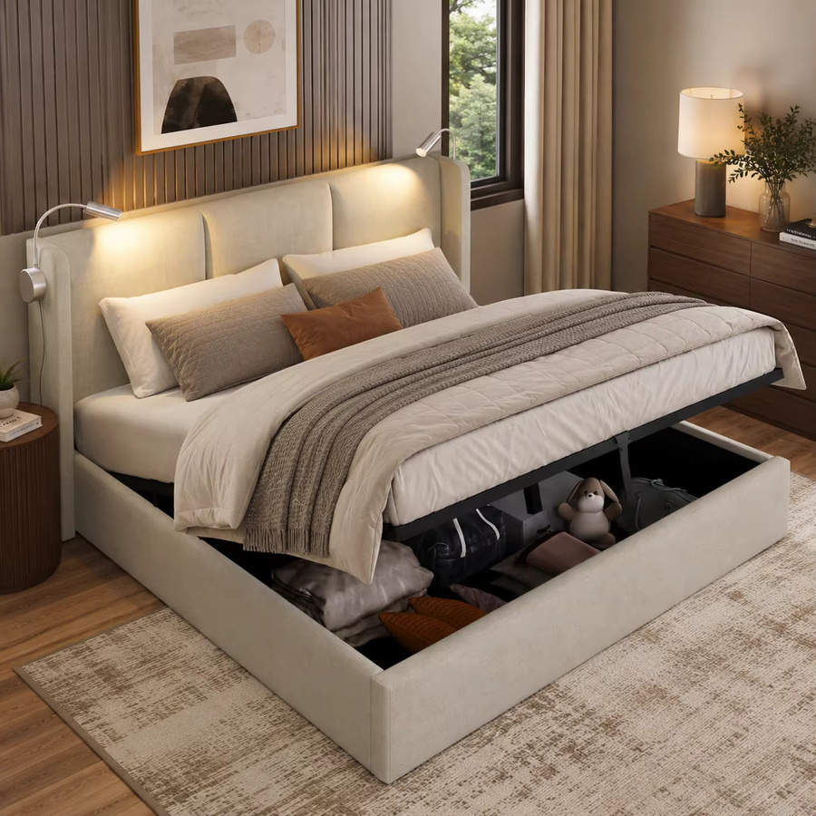 MEXUS Polsterbett für Teenager mit Stauraum und integrierter Leselampe in Beige, B/T: 160 x 200 cm - Bild 3