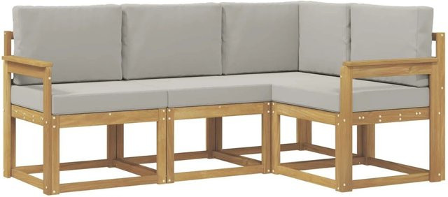vidaXL Outdoor-Sofagarnitur 4-teilig in L-Form aus Massivholz-Akazie mit Polsterkissen in Weiß und Hellgrau - Bild 1