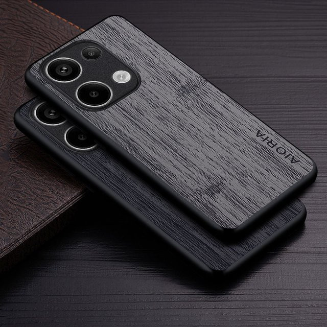 Luxus Handyhülle mit Bambus-Holzmuster aus Leder für Xiaomi Poco M6 Pro 4G in Braun und Blau - Bild 1