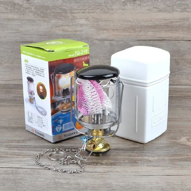 Camping Mini-Gaslaterne als Zeltbeleuchtung und Heizlampe aus Metall in Silber mit transparentem Glas - Bild 1