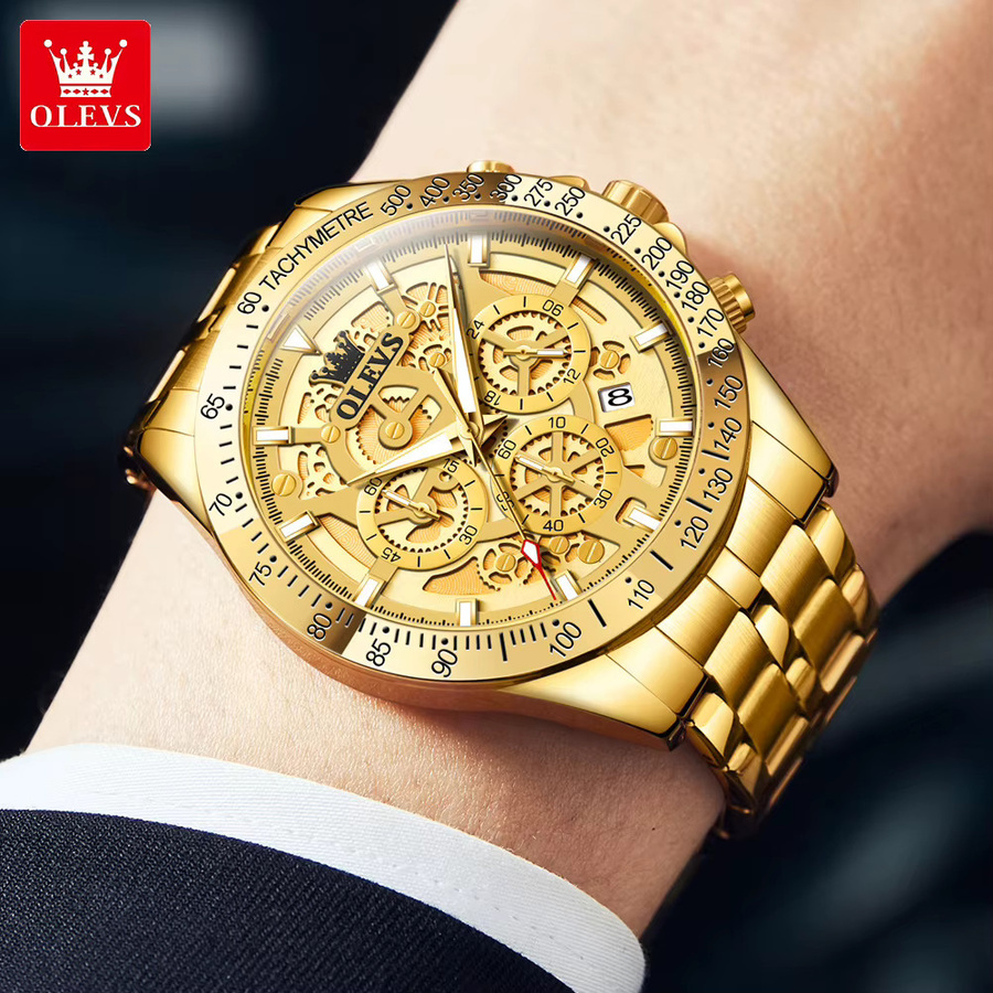 OLEVS Armbanduhr Chronograph, Edelstahl, Gold, Quarz, Herren - Bild 4