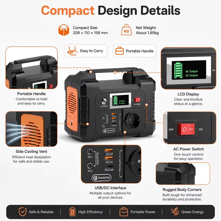 FlashFish E200 Tragbares Kraftwerk, 200 W Solargenerator mit 151 Wh Batterie in Schwarz für Outdoor, Camping und mobile Stromversorgung - Bild 6