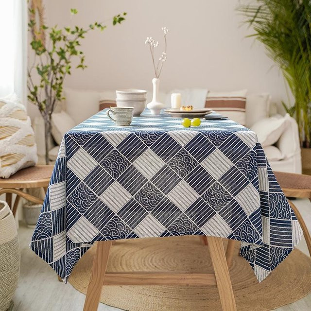 Waschbare Baumwoll-Leinen-Tischdecke im japanischen Stil von MARKET-1, Blau mit Meereswellen-Design, Rechteckig, B/T: 90 x 90 cm - Bild 1