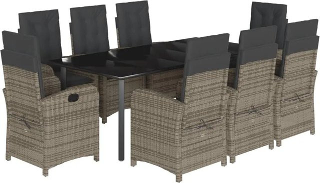 vidaXL 9-teilige Garten-Essgruppe aus Poly-Rattan in Grau mit Kissen und Glastisch - Bild 1