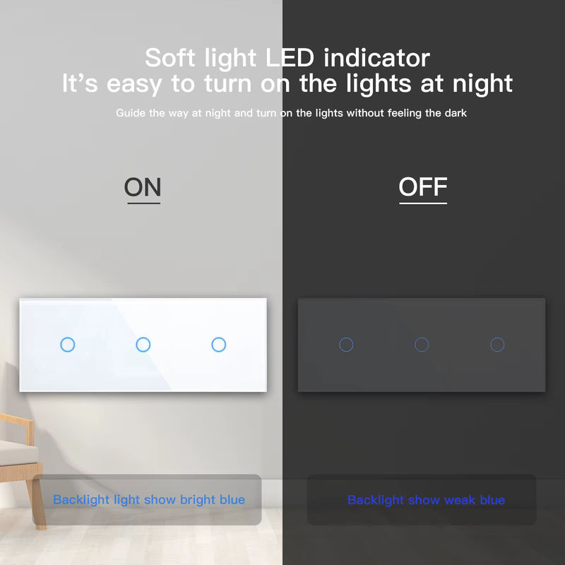 Bseed Wand-Touch-Lichtschalter, 3-Gang, 1-Wege, Kristallglas-Panel, Schwarz - Bild 2