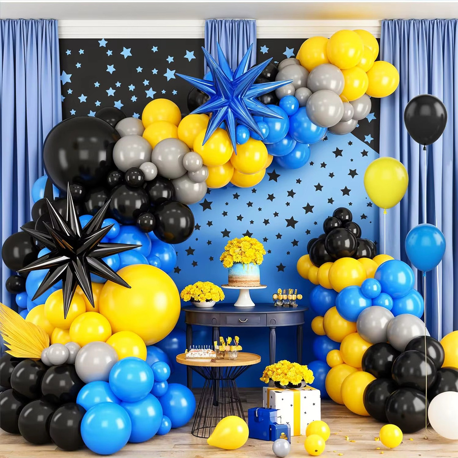 RENYUAN Ballonbogen-Set mit Stern-Folienballons in Blau, Gelb, Schwarz und Grau für Kindergeburtstage und Abschlussfeiern - Bild 3