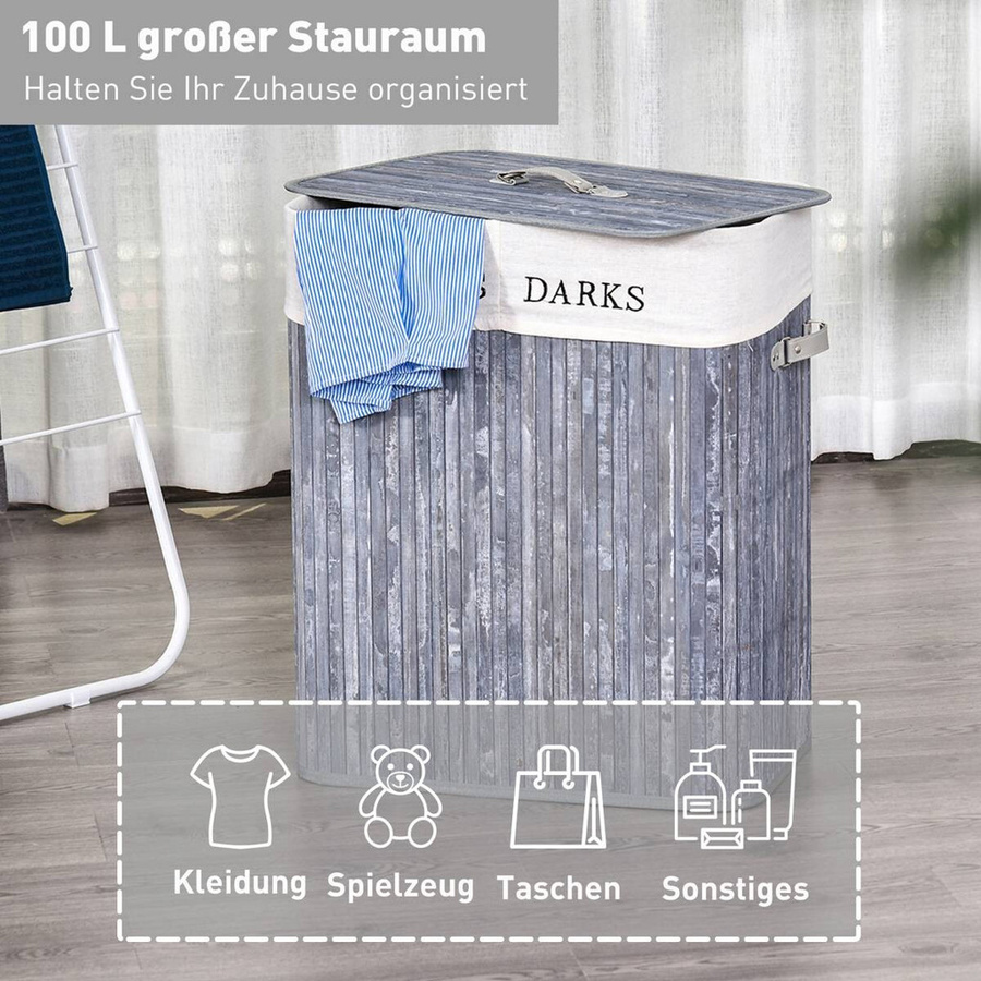 HOMCOM Wäschekorb aus Bambus und Kunststoff mit Deckel und Tragegriffen, Grau, B: 32 cm, H: 63 cm, L: 52 cm - Bild 2