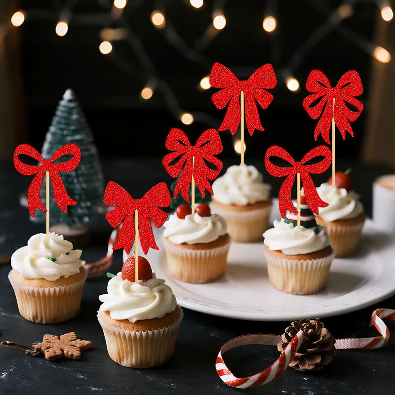 YOMDID 24 Stück Cupcake-Topper mit roten Schleifen als Weihnachts-Kuchendekoration und Partyzubehör - Bild 5