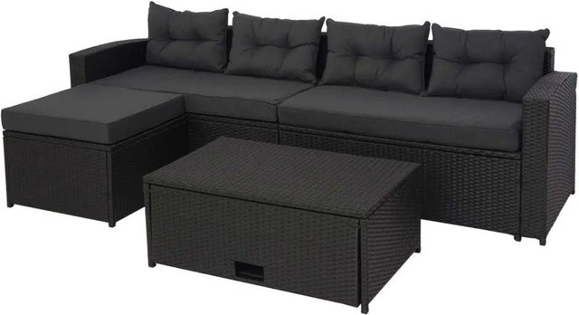 MCW Poly-Rattan Garten-Garnitur J34 4-teiliges Lounge-Set in Schwarz mit dunkelgrauen Kissen und Staufach - Bild 2