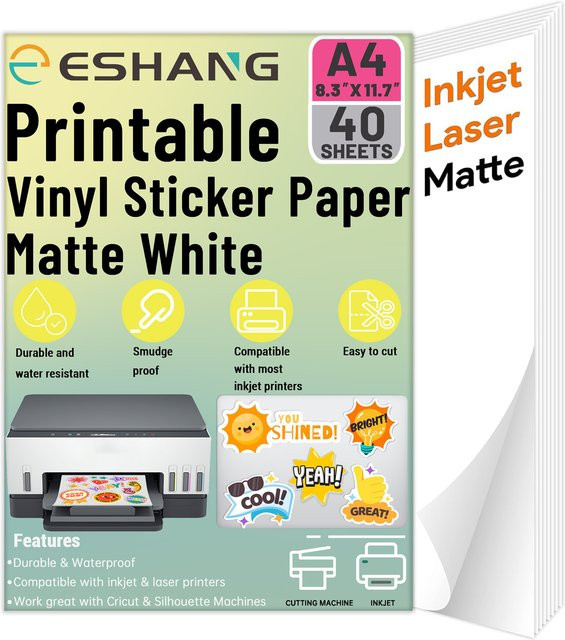 ESHANG Vinyl-Aufkleberpapier A4, 40 Blatt, mattweiß, wasserfest, für Tintenstrahl- und Laserdrucker - Bild 1