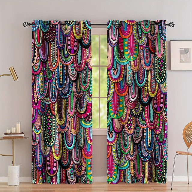 2-teiliges Boho-Vorhang-Set von Yiran Furniture mit geometrischem Muster in Multicolour, lichtfilternd und semi-transparent, Breite: 70 cm, Höhe: 185 cm - Bild 1
