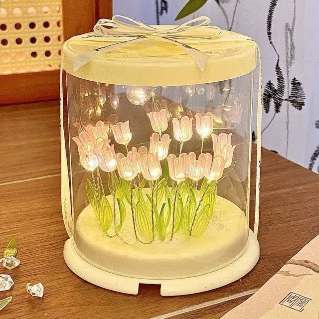 YJMP Super Lighting DIY Tulpen-Blumen-Nachtlicht Bastelset als handgefertigte quadratische Tischlampe in Pink - Bild 1