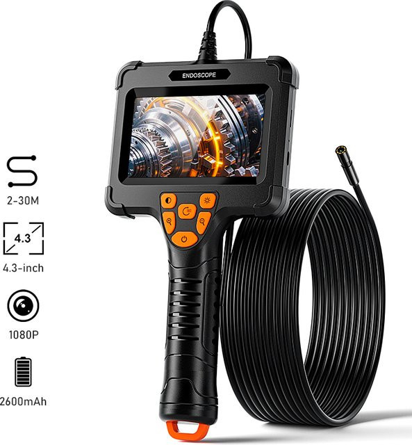 BUMBORN Industrie-Endoskopkamera mit 4,3-Zoll-Bildschirm, 1080P Auflösung, 8mm Kamera, starres Kabel 1-30m, IP67 wasserdicht, Schwarz - Bild 1