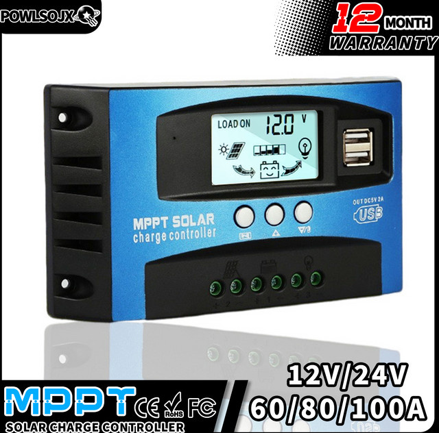 Powlsojx Solar Laderegler 12V 24V mit LCD-Display und Dual-USB-Anschlüssen in Blau - Bild 1