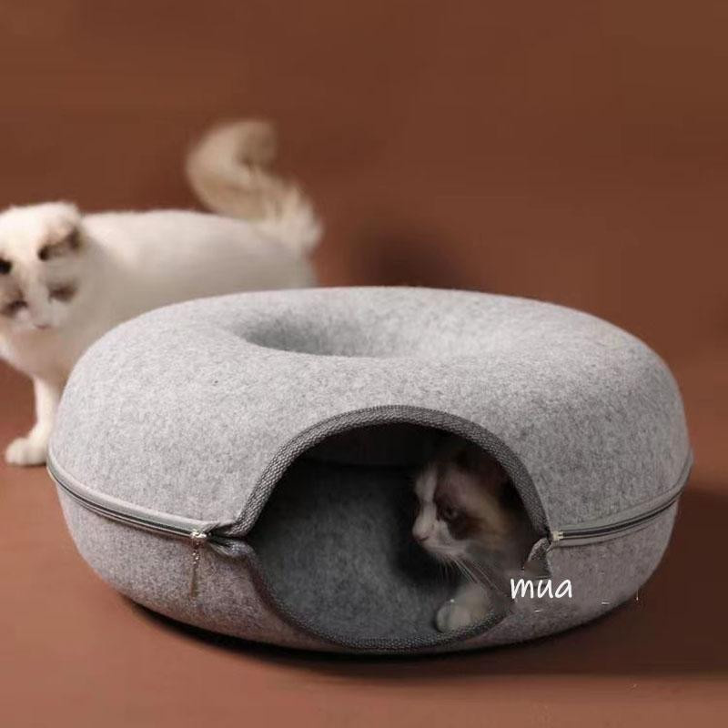 Yiran Furniture Filz-Katzenbett Donut-Haustiertunnel als interaktives Spielzeug und Nest in Hellgrau, Durchmesser: 50 cm, Höhe: 20 cm - Bild 4