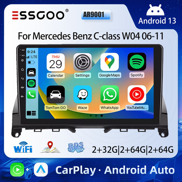 ESSGOO Autoradio mit 9 Zoll HD Touchscreen für Mercedes Benz C-Klasse W204 2006-2011, Android 13, 64GB, kabelloses CarPlay, GPS, Wifi, Bluetooth, Schwarz - Bild 1