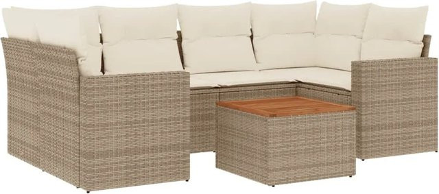 vidaXL 7-teilige Garten-Sofagarnitur aus Poly-Rattan und Akazienholz in Beige-Creme mit Kissen - Bild 1