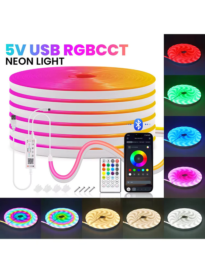 KISUFU RGBCCT Neon-LED-Streifenlicht mit Bluetooth und 28-Tasten-Fernbedienung, Wasserdichtes RGBWW Neon Flex Band mit 108 LED/m, 5V USB-Anschluss, Multicolour - Bild 7
