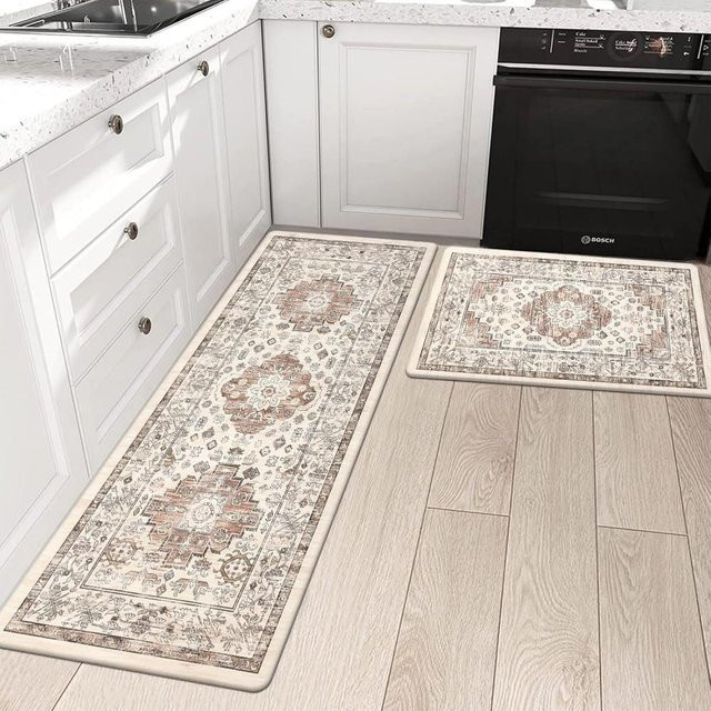 Wucifang Anti-Ermüdungs-Küchenmatten Set im Boho-Design, rutschfest und waschbar, Farbe: Beige, 2er-Set, B/T: 40 x 60 cm und 40 x 120 cm - Bild 1
