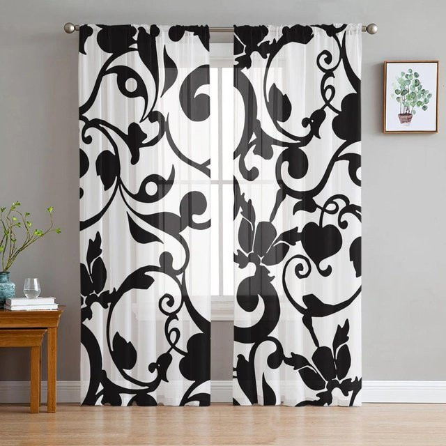 A Family Of Home Textiles Retro Voile-Vorhänge mit Schwarz-Weiß-Blumenmuster, transparent, B: 135 cm, H: 114 cm, 2 Stück - Bild 1