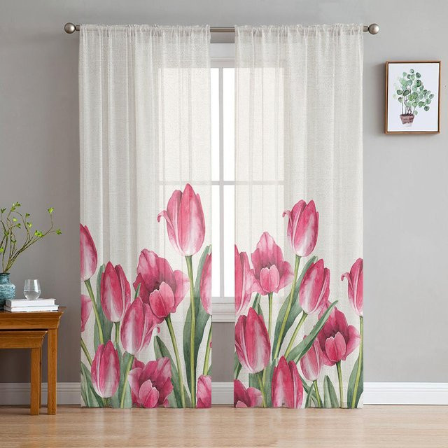 A Family Of Home Textiles Transparent Tulpen Vorhang mit Aquarell Blumenmuster, B/H: 135 x 137 cm - Bild 1