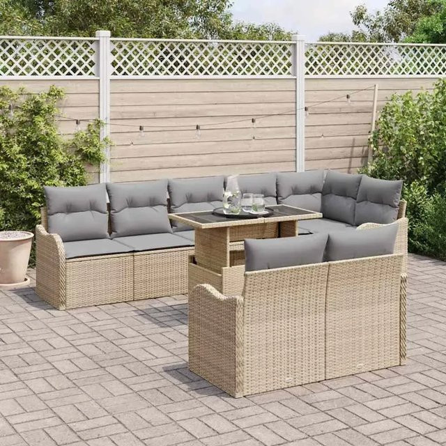 vidaXL Garten-Sofa-Set aus Poly Rattan in Beige mit 9-teiligem Set und Kissen im L-Shape Design - Bild 1