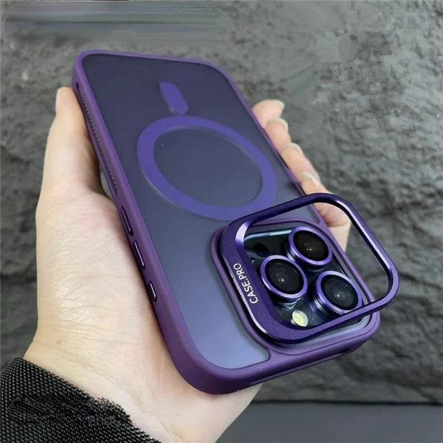 Yiran Bag MagSafe Magnetische Matte Handyhülle mit Objektivhalter und Ständer für iPhone 16 15 14 13 12 11 Pro Max Plus in Transparent und Purple - Bild 1