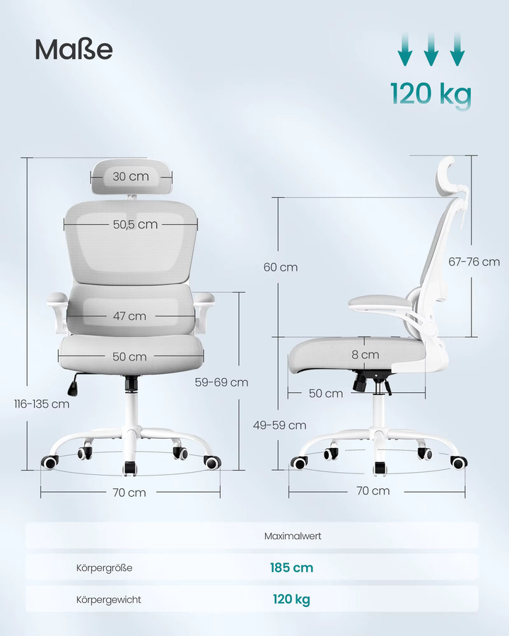 Ergonomischer SONGMICS Bürostuhl in Weiß mit Kopfstütze und Armlehnen - Bild 2