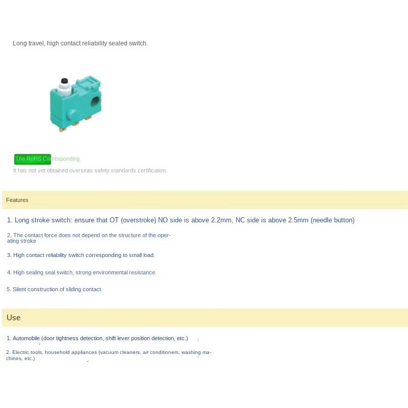 Panasonic ASQ10238 Versiegelter Mikroschalter mit 2 Kabeln für Autotürgriffe und Arduino DIY Projekte - Bild 2