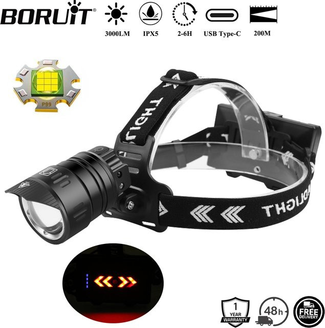 BORUiT LED-Stirnlampe mit 3000 Lumen und Bewegungsmelder, zoombar, wiederaufladbar via Typ C, wasserdichte Camping-Stirnlampe in Schwarz - Bild 1
