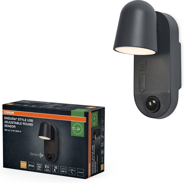 Osram Außenwandleuchte in Grau mit Akku, USB-C, IP54, 3 W, 155 lm, 3000 K Warmweiß, PIR-Bewegungsmelder und Tageslichtsensor - Bild 1