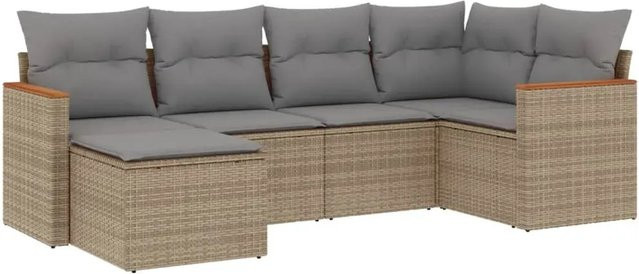 vidaXL 6-teilige Garten-Sofagarnitur in L-Form aus Poly-Rattan und Akazienholz mit Kissen in Beige - Bild 1