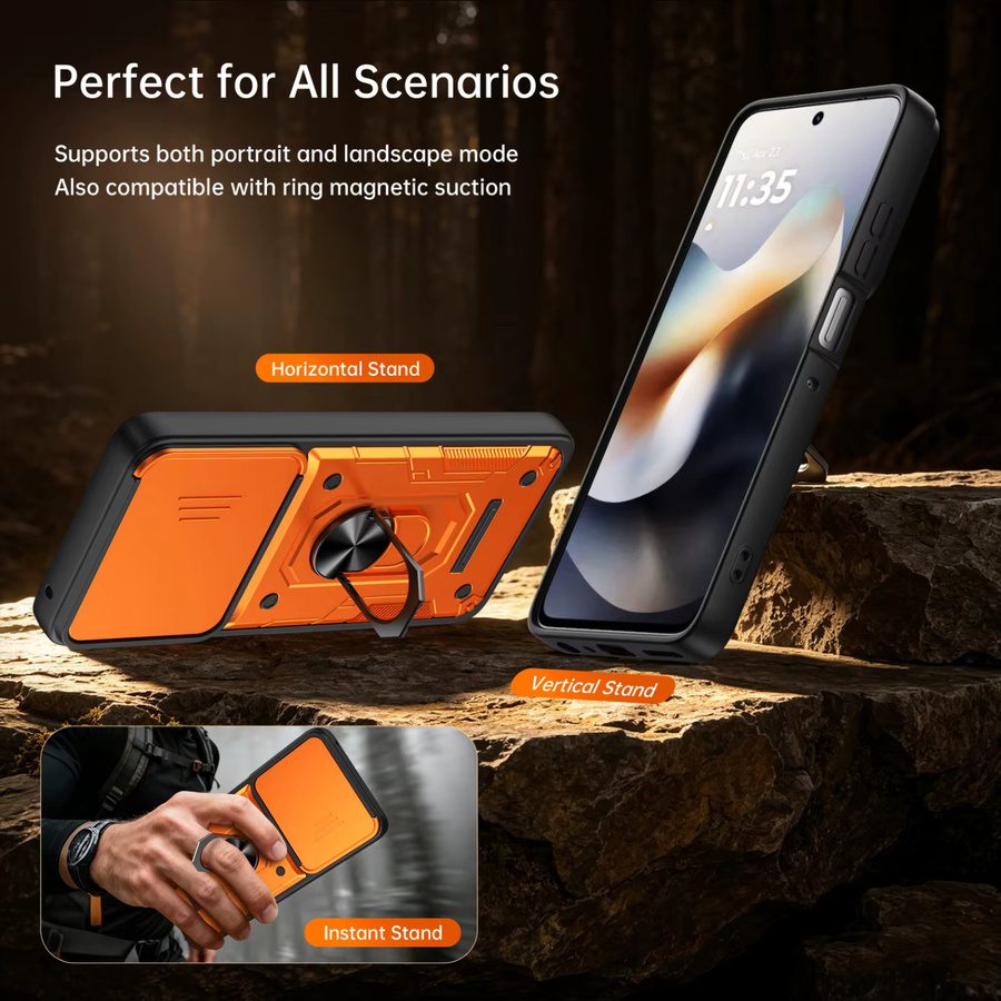 Stoßfeste Panzer-Handyhülle mit Kamera-Schutz-Schiebehülle und Magnetring-Ständer für Motorola Edge 70 60 50 Fusion Ultra sowie Moto G86 G85 G67 in Orange - Bild 2