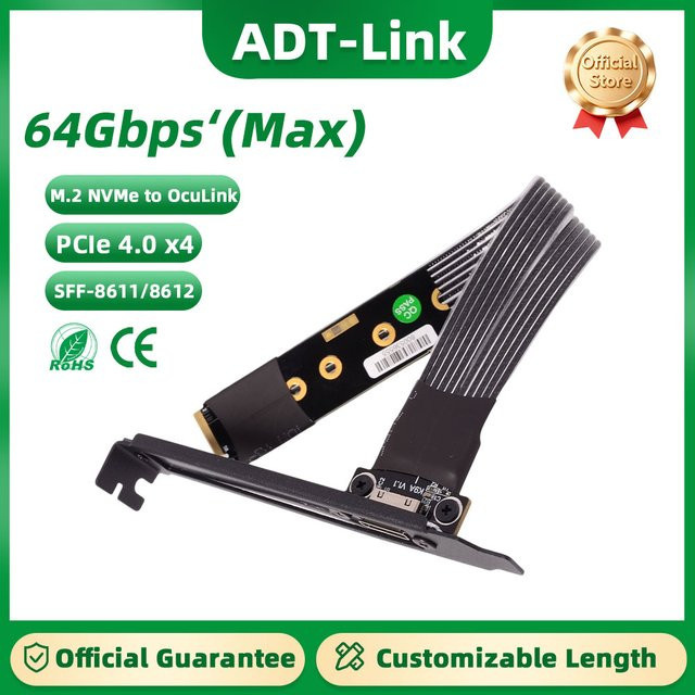 ADT-Link OCuLink Grafikkarte Externer GPU Dock Riser PCIE 4.0 x4 Gen4 M.2 NVMe auf SFF-8611/8612 Adapter Verlängerungskabel in Schwarz - Bild 1