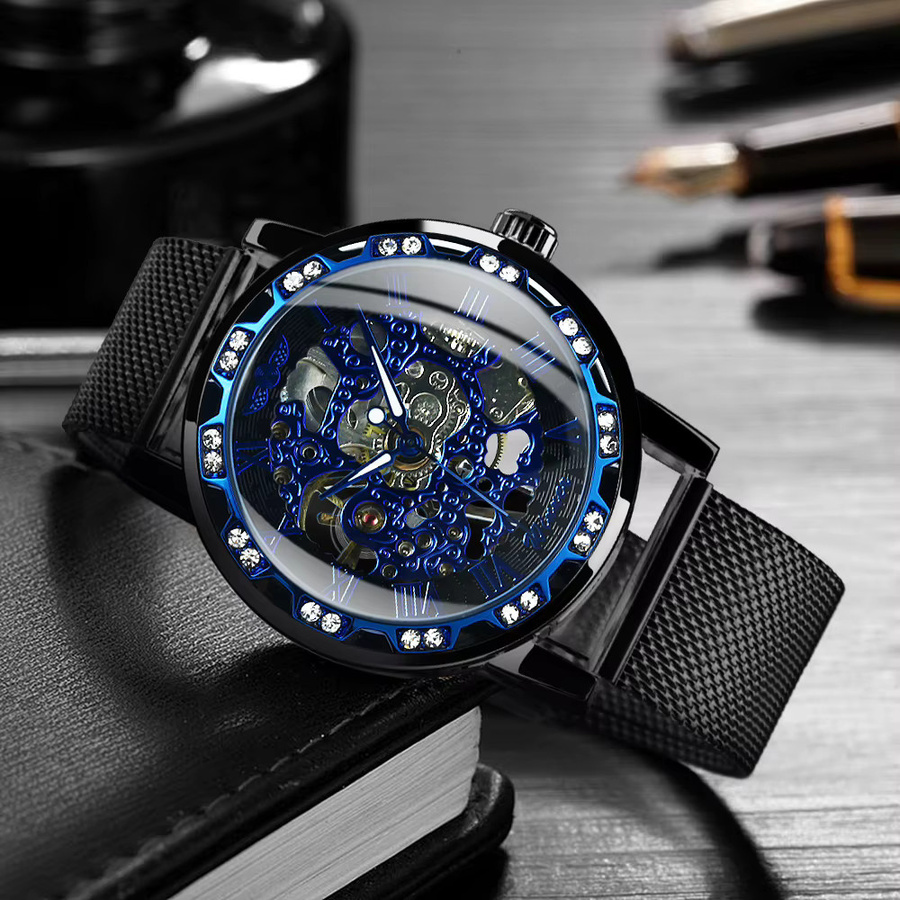 WINNER Armbanduhr, Skelettuhr, Blau, Edelstahl, Diamantbesetzt, Herren - Bild 2