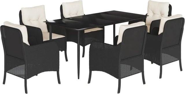 vidaXL 7-teilige Garten-Essgruppe aus Poly Rattan in Schwarz mit Kissen und Hartglas-Tischplatte - Bild 1