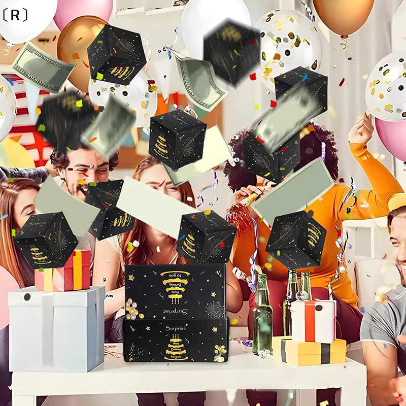 バR Sigur 10er Set faltbare Explosions-Geschenkboxen in Schwarz und Gold aus Papier für Valentinstag und Winter - Bild 4
